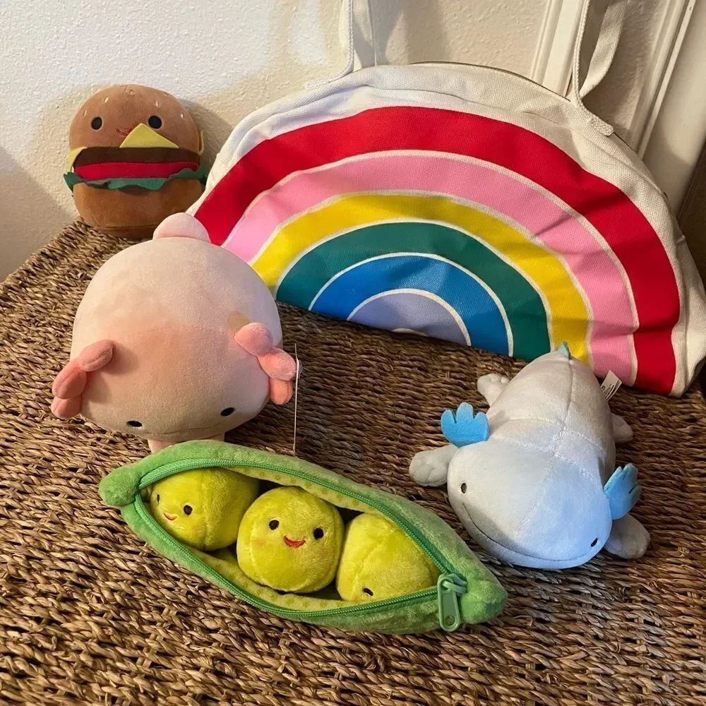 Rainbow Canvas Tote Bag AXOLOTL Plushies Squishmallow Hamburger Peas Set